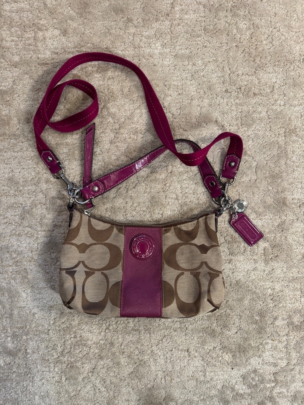 Vintage Coach F19218 Signature Stripe Demi Crossbody Bag Magenta Purple Y2K